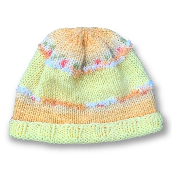 Handmade Knit Beanie Hat Ombre Pastel Yellow Orange Floral Winter Accessory - Picture 1 of 4